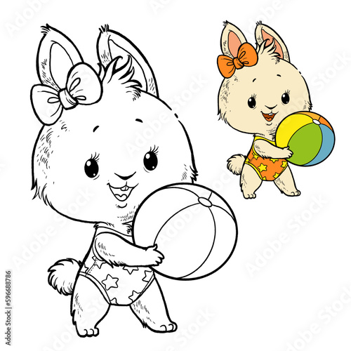 Cute cartoon summer white rabbit with beach ball vector coloring page