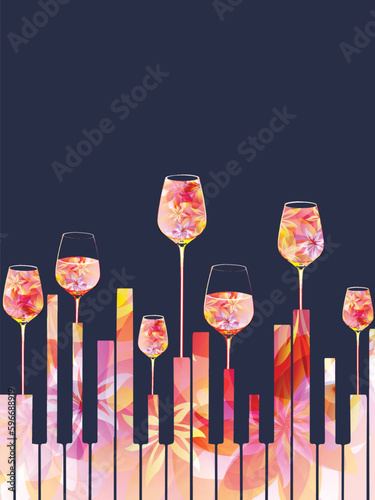 Piano keyboard with wine glasses on dark background. Vector. Bar or restaurant poster for a cocktail party with live music. Party-fiesta invitation flyer. Design for events and celebrations