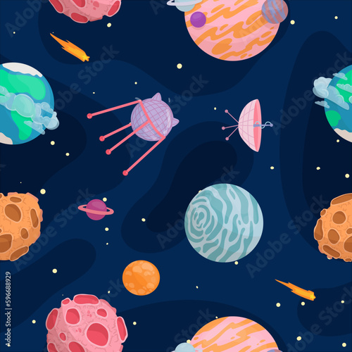 UFOs, spaceships, rockets. Solar system, intergalactic travel. Galaxies, planets, asteroids, comets, shooting stars. Vector illustration in cartoon style on a white background.