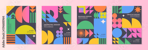 Abstract bauhaus geometric pattern backgrounds with copy space for text.Trendy minimalist geometric designs with simple shapes and elements.Modern artistic vector illustrations.Covers templates