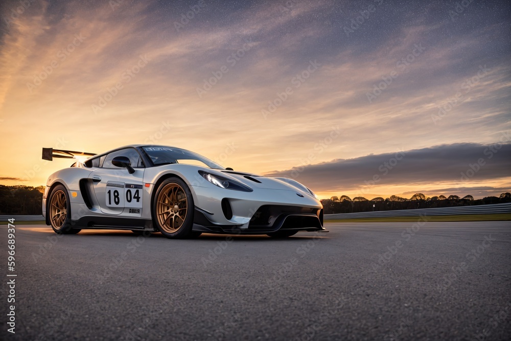 Sport car on the race track during sunset. Action shot 