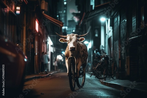 A bovine on a bike zooming through city alleyways, dodging cars and streetlights. Generative AI