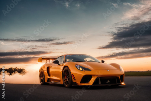 Sport car on the race track during sunset. Action shot