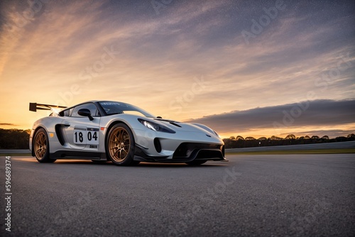 Sport car on the race track during sunset. Action shot 