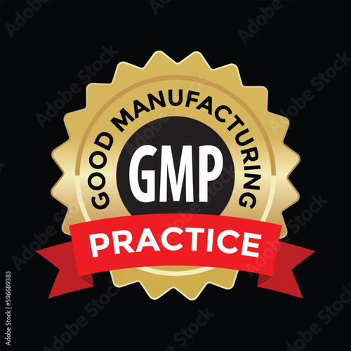 good manufacturing practice, GMP, gold seal blank, red ribbon, vector illustration 