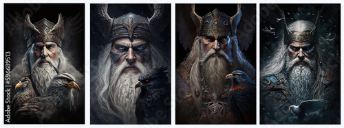 Scandinavian mythological god odin set.  Created with Generative AI technology.	