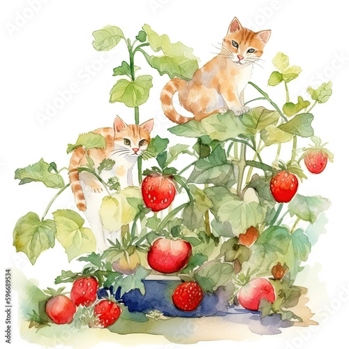 AI generated Watercolor Illustration of a Cute Red Cat and Strawberry Plant