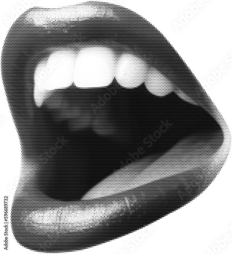 Opened woman lips as retro halftone collage elements for mixed media design. Mouth in scream in halftone texture, dotted pop art style. Vector illustration of scribble grunge punk crazy art templates