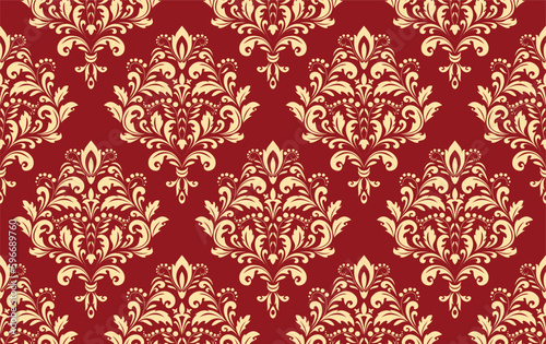 Floral pattern. Vintage wallpaper in the Baroque style. Seamless vector background. Gold and red ornament for fabric, wallpaper, packaging. Ornate Damask flower ornament