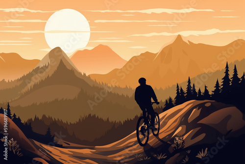 Cyclist rider in mountain bike on mountain peak at sunset. Freedom and healthy lifestyle concepts. Generative AI © YARphotographer