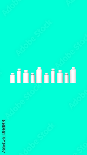 White cosmetic bottles isolated on green background. Packaging of cosmetics. Ten containers for cosmetics. Vertical image. 3d image. 3D visualization.