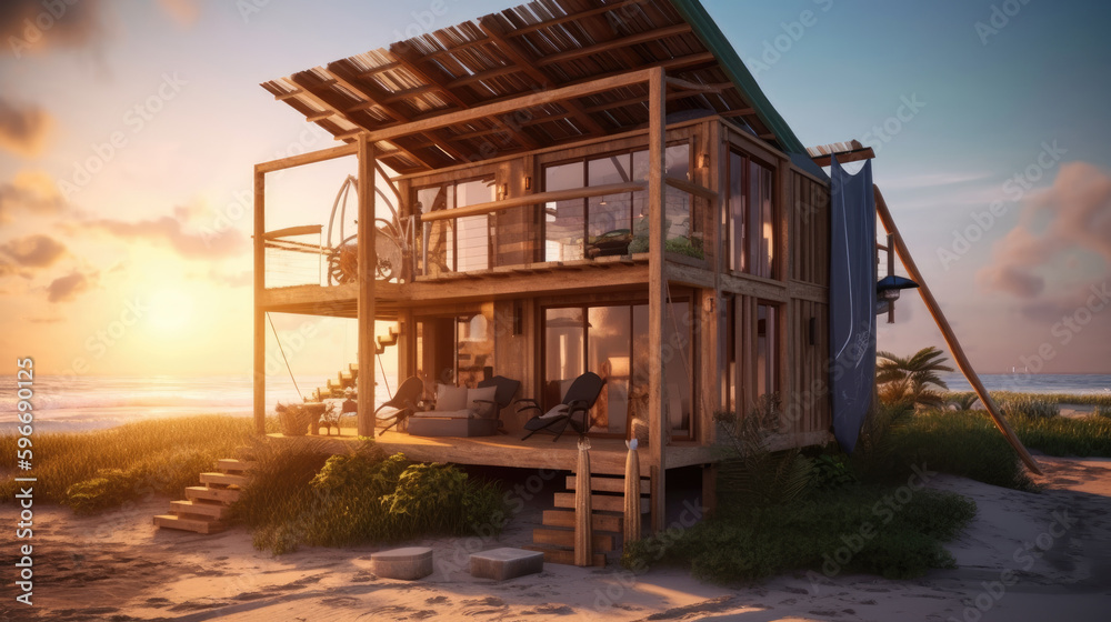 Obraz premium Eco-friendly beach cabin with a modern twist, featuring solar panels, reclaimed wood, and recycled materials. Generative AI