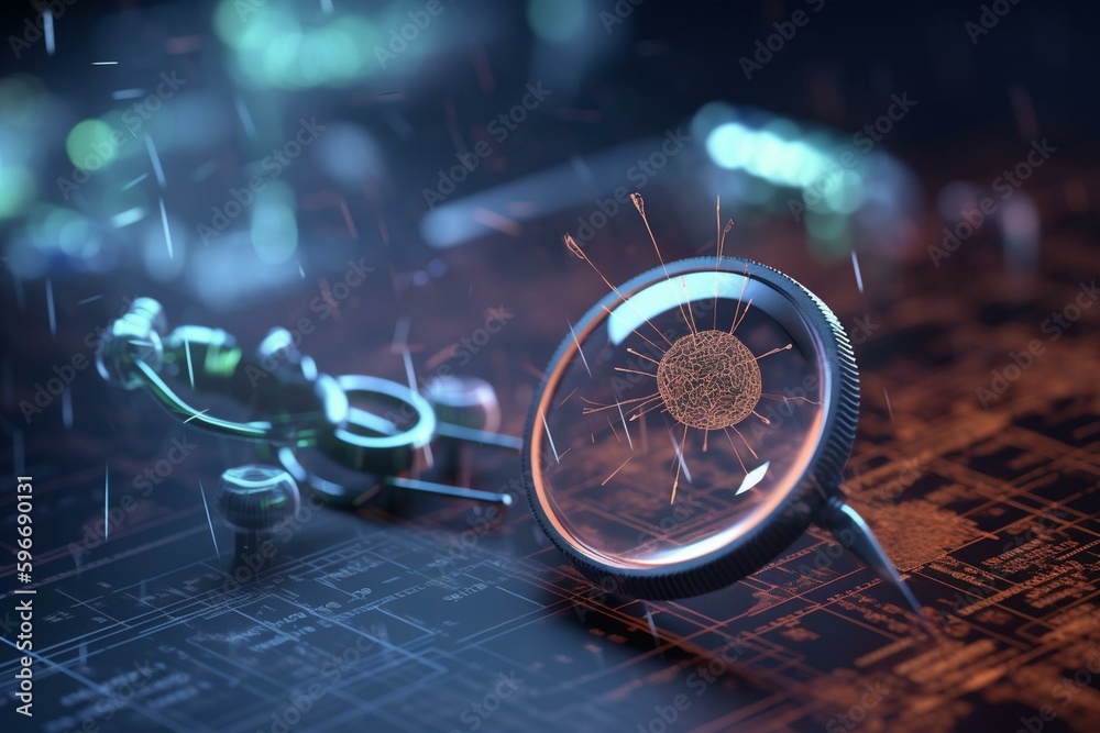 Magnified malware on target indicates cyber attack threat; network scan ...