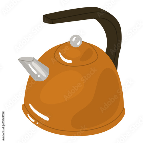 Metal teapot with plastic handle for boiling water on the stove and making tea. A device for boiling water and keeping beverages warm. Vector illustration. Isolated object on white background.