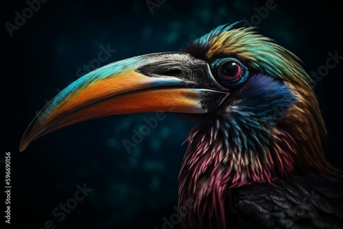 A digital painting of a colorful bird with a long beak against a black background and blue sky. Generative AI