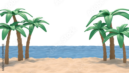 3D Rendering of sand  beach  and palm coconut tree. Copy space at center. Isolated on white background. For vacation  travel  tourists  summer festival