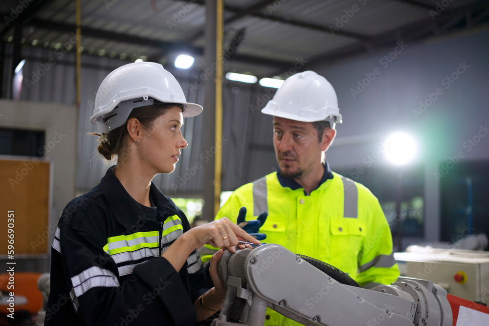 Engineer work at robotic arm factory. Engineer work at robotic arm factory.