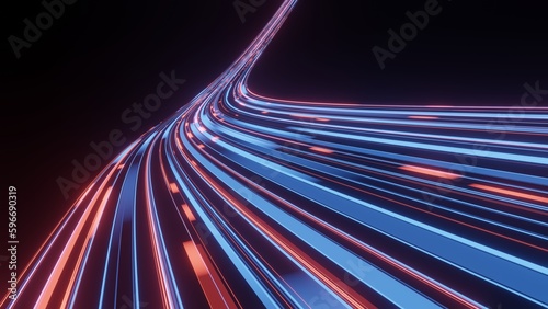 Canvas Print 3D Rendering of curved blue and red light path trail