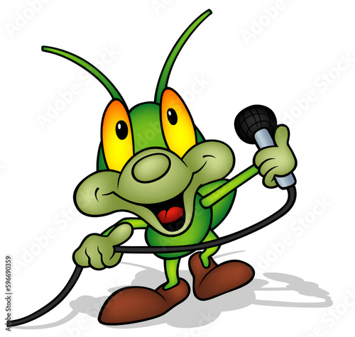 Cute Green Beetle with a Big Smile and a Microphone in his Hand