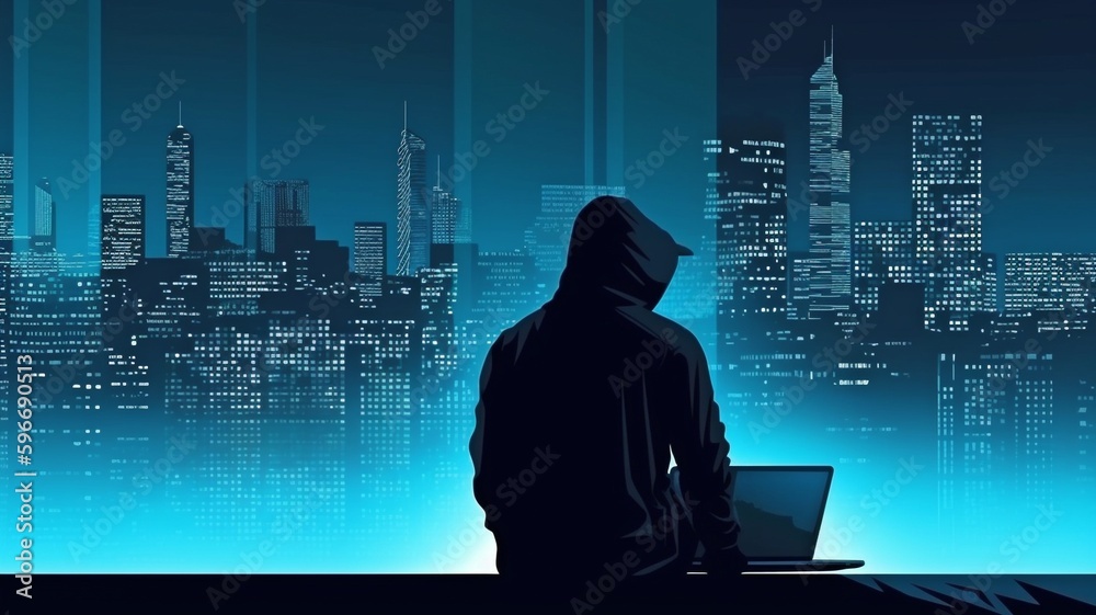 Cybercrime Illustration of a Computer Hacker Using a Laptop, City Scene, Binary Code, Hacking. AI generator Cybercrime Illustration of a Computer Hacker Using a Laptop, City Scene, Binary Code, Hacking. AI generator