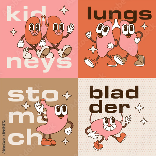 Health medical banners set with trendy retro cartoon human organ characters. Kids clinic or family doctor medical checkup for children with kidneys, cute stomach, lungs and bladder organ. 90s Vector