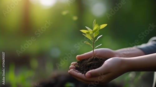 ecological Earth Day Tree seedlings are developing in their palms. Green bokeh Background A woman's hand is holding a tree on a grassy meadow in nature. AI generator