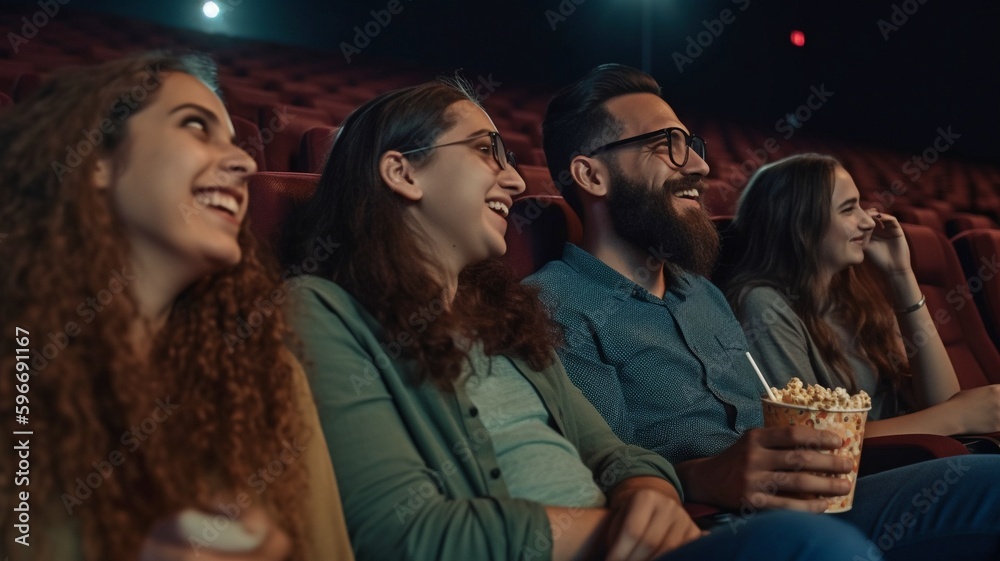 A pleasant, varied group of friends enjoying a movie together while seated at the theater. AI generator