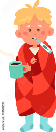 Sick Boy With Thermometer And Tea