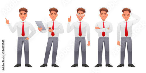 A handsome slender white man stands in sadness, displeased with his arms crossed, points to something, with a tablet and a glass of coffee in his hands. Businessman in full growth character set.