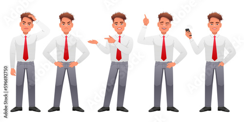 A businessman stands thinking about something, dissatisfied with his hands on his hips, points to something, with a smartphone in his hand. Young guy in full growth character set.