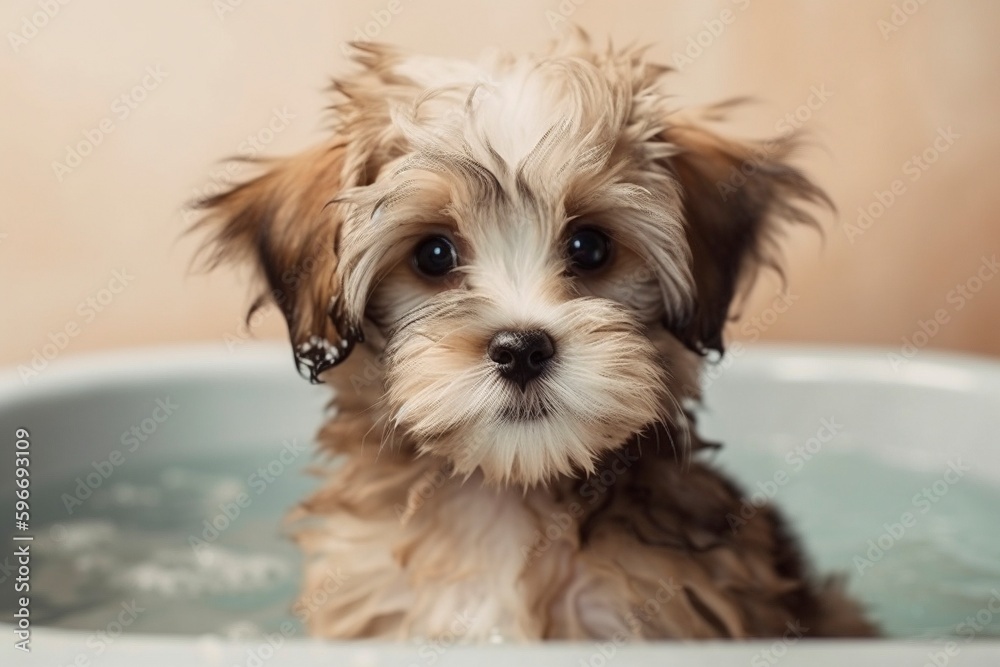 Cute dog in the bathtub, created with generative AI Cute dog in the bathtub, created with generative AI