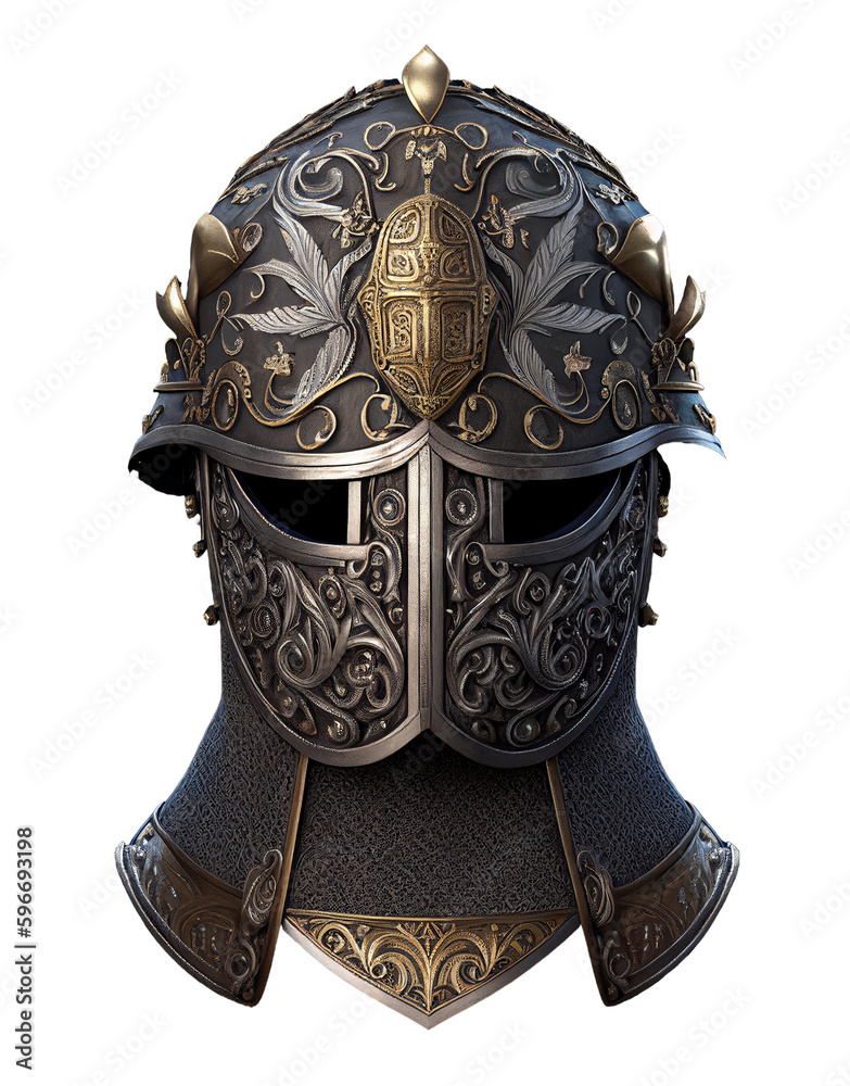 Front view of medieval knight helmet, isolated on transparent