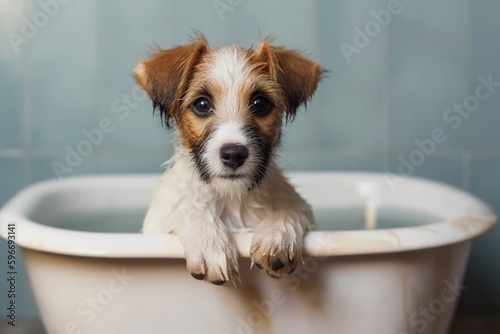Cute dog in the bathtub, created with generative AI