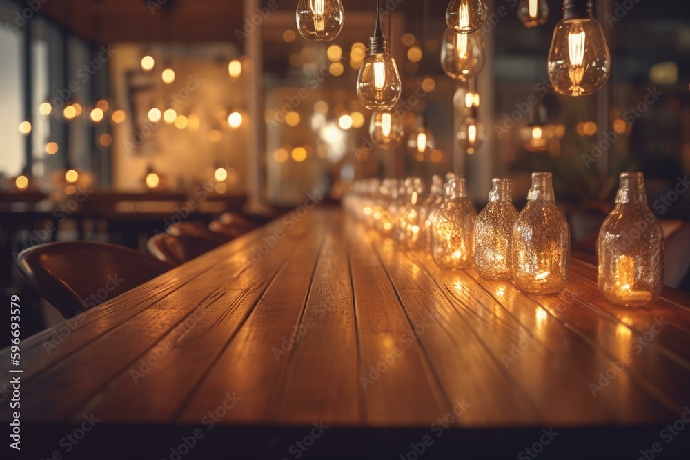 Blurred restaurant lights reflect on wooden table. Illustration. Generative AI