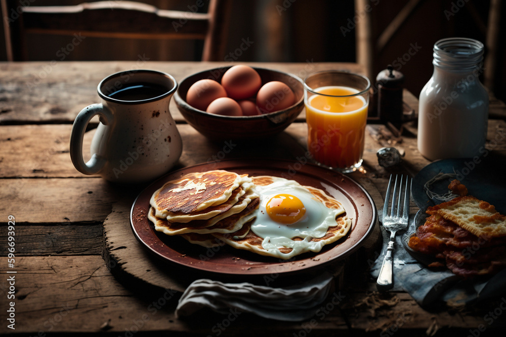 Classic American Breakfast: Fluffy Pancakes, Crispy Bacon, and Sunny-Side-Up Eggs on a Plate Classic American Breakfast: Fluffy Pancakes, Crispy Bacon, and Sunny-Side-Up Eggs on a Plate