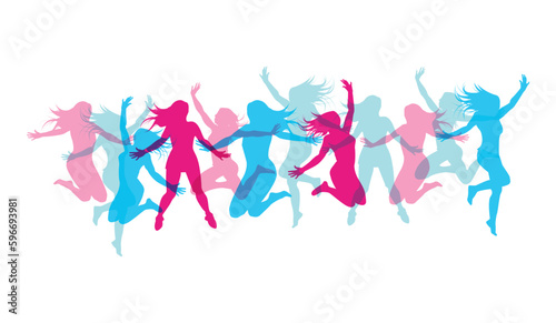 silhouette colorate di ragazze che saltano su sfondo bianco  