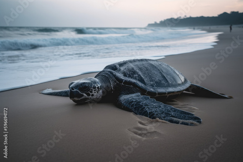 leatherback turtle emerges from the ocean. AI generative image. photo