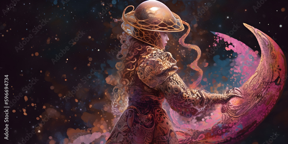 Fototapeta premium full length shot, tentacle helmet, fractal splattercore, space squid, holographic, metallic, galaxy fashion, Milky Way galaxy background, Spiraling, cosmic, shimmering, glittering, Generative AI