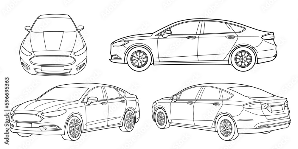 Set of classic sedan car. Different five view shot - front, rear, side and 3d. Outline doodle vector illustration	
