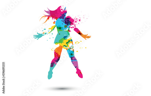 silhouette colorata di ragazza che salta su sfondo bianco