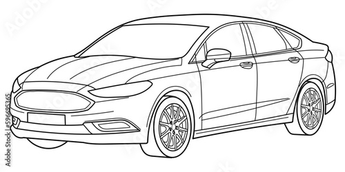 Classic business class sedan car. 4 door car on white background. Side and front view shot. Outline doodle vector illustration