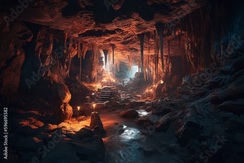 Detailed volcanic dungeon with mysterious aura. Generative AI