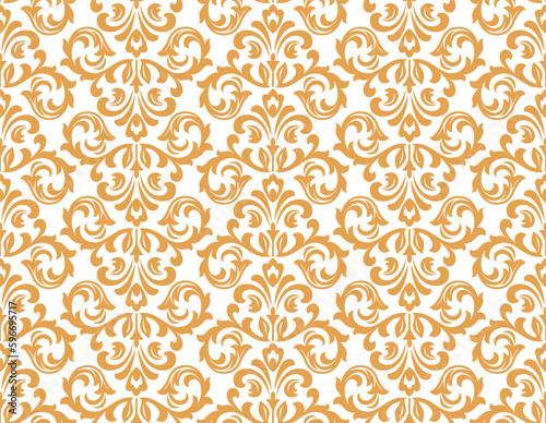 Wallpaper in the style of Baroque. Seamless vector background. White and gold floral ornament. Graphic pattern for fabric, wallpaper, packaging. Ornate Damask flower ornament