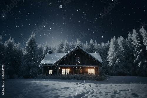 Wintry Christmas scene with a cabin, snowflakes, evergreens, and a glowing crescent. Generative AI