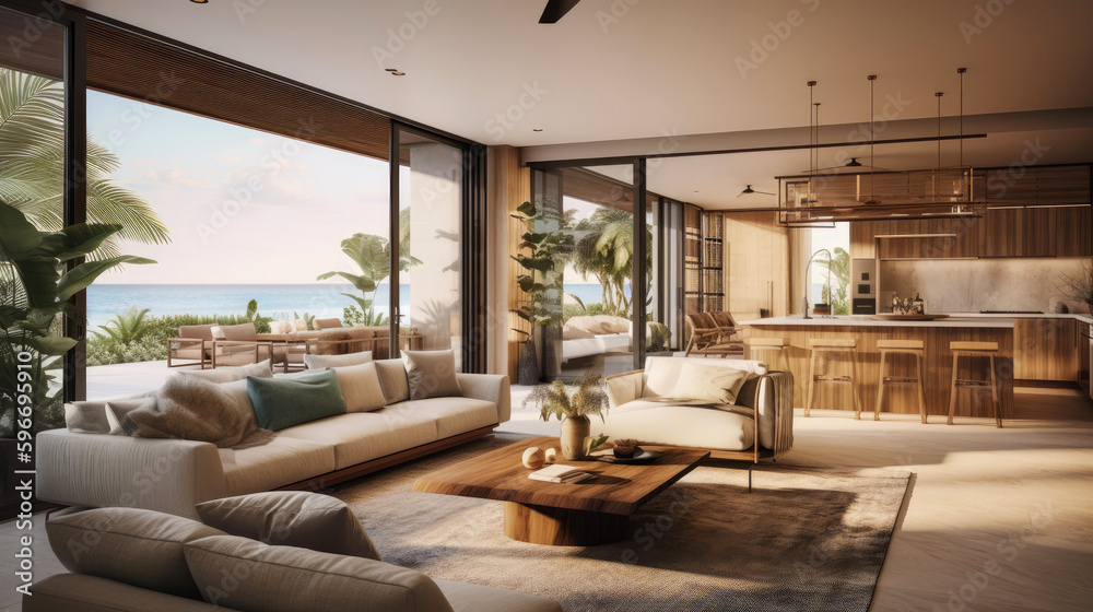 Airy and spacious beachfront villa interior with an open floor plan. Generative AI