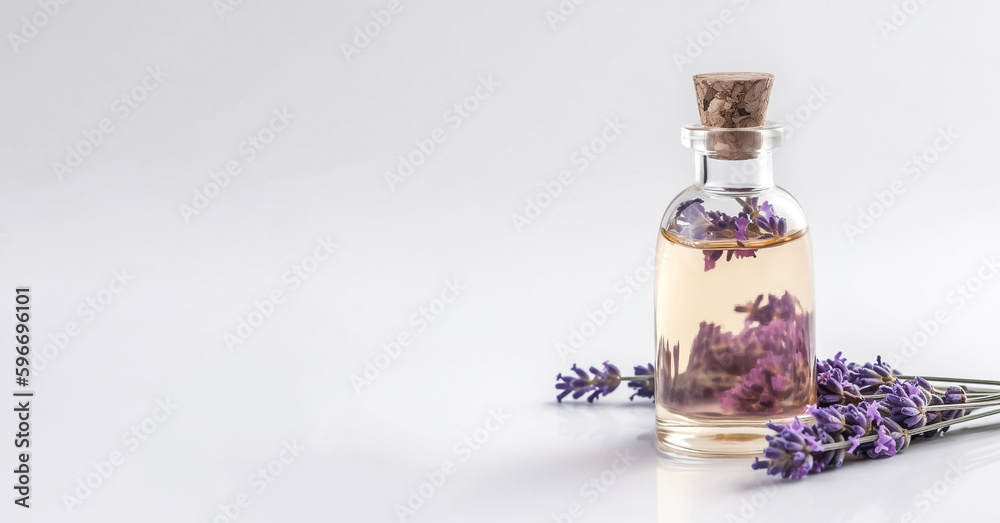Bottles of essential oil for aromatherapy, alternative medicine and fresh lavender flowers on light background. Banner, space for text. - obrazy, fototapety, plakaty 