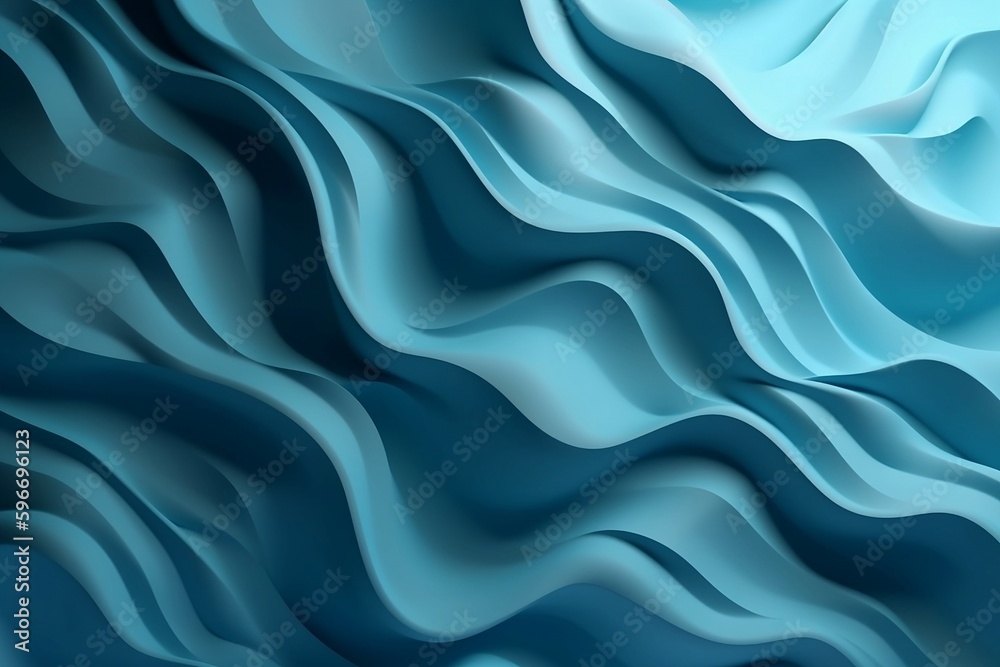 Fototapeta premium Abstract 3D illustration of a wavy pattern with light and shadow in blue. Generative AI