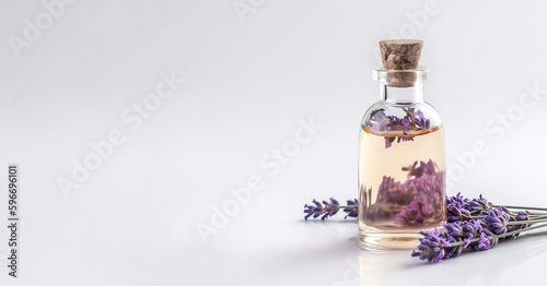 Bottles of essential oil for aromatherapy, alternative medicine and fresh lavender flowers on light background. Banner, space for text.