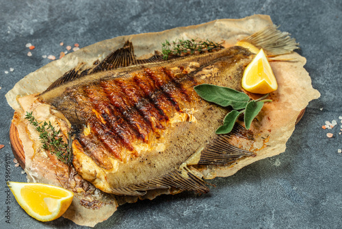 grilled flounder, Grilled fish seafood. banner, menu, recipe place for text, top view