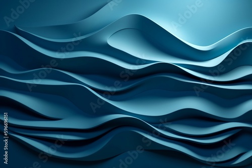 Abstract 3D illustration of a wavy pattern with light and shadow in blue. Generative AI